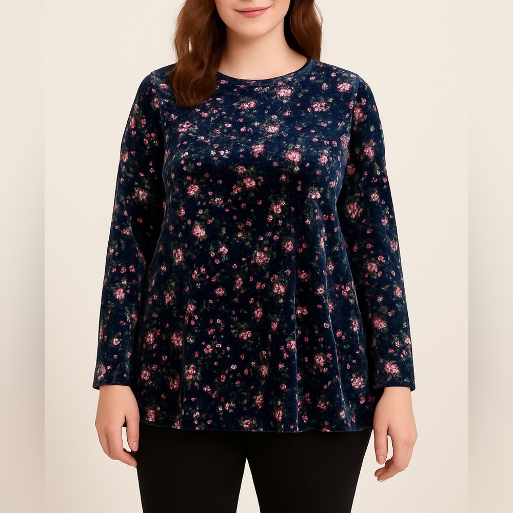 Navy Velvet Floral Tunic Top Long Sleeve Soft Stretchy flare hem Blouse Size M